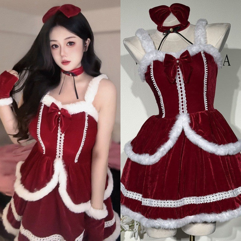 Halloween Red Velvet Sexy Bunny Costume Dress for Cosplay New Year Outfit
