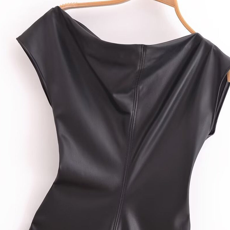 Vestido Largo Asimétrico Polipiel Plisado Manga Corta Slim Fit Mujer