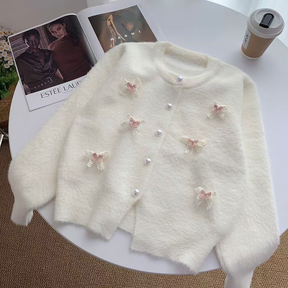 Design Sense 3D Bow Round Neck Single Breasted Knit Cardigan for Women