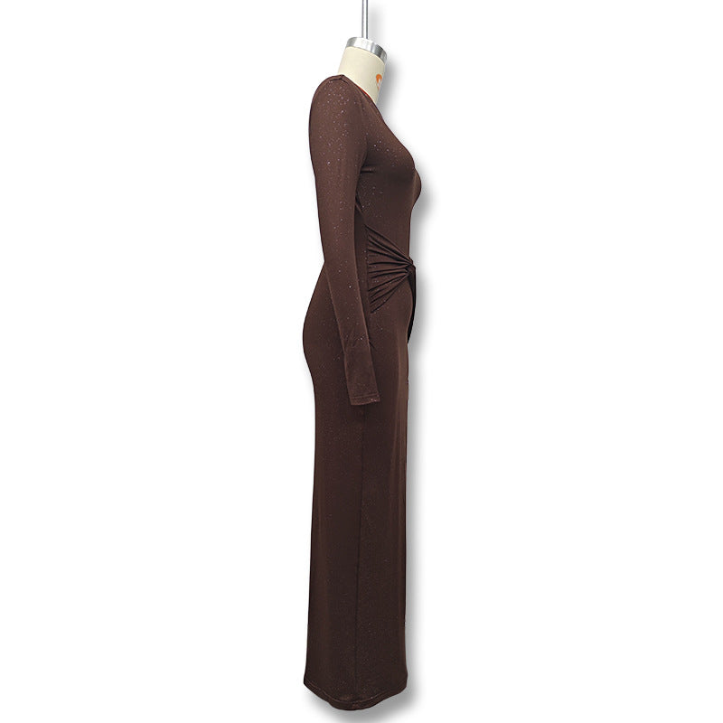 Vestido Maxi Bodycon Manga Larga Cut-Out Hombro Plisado