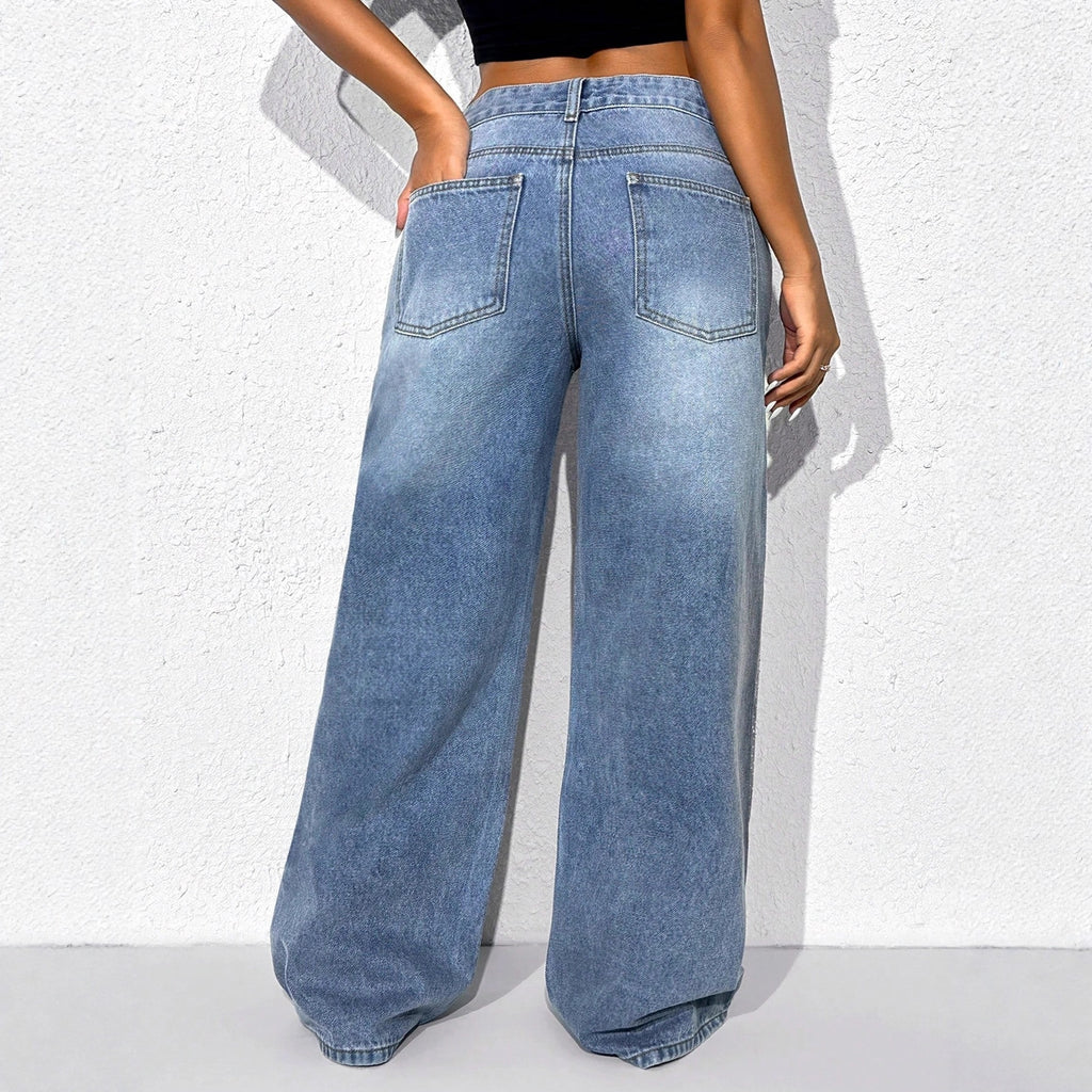 Vaquero Largo Recto Holgado Cintura Alta Strass Denim Lavado Street Fashion Mujer