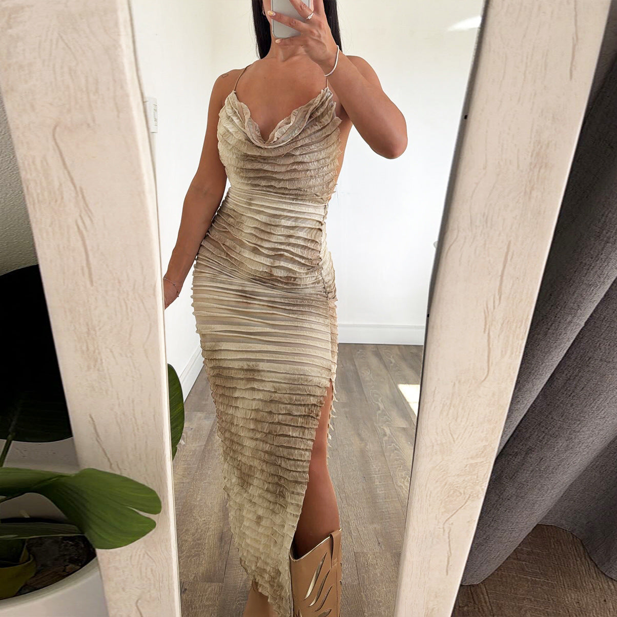 Tailored backless swing collar tie dye dress for women