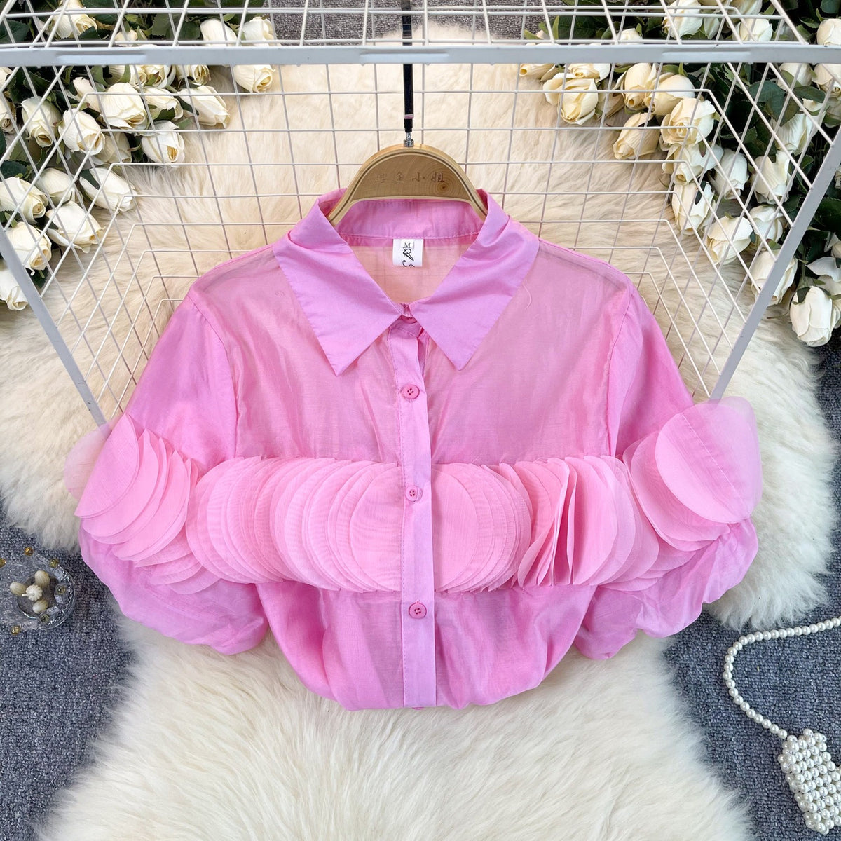 Camisa Gasa Pétalos Patchwork Manga Abullonada Transparente Mujer