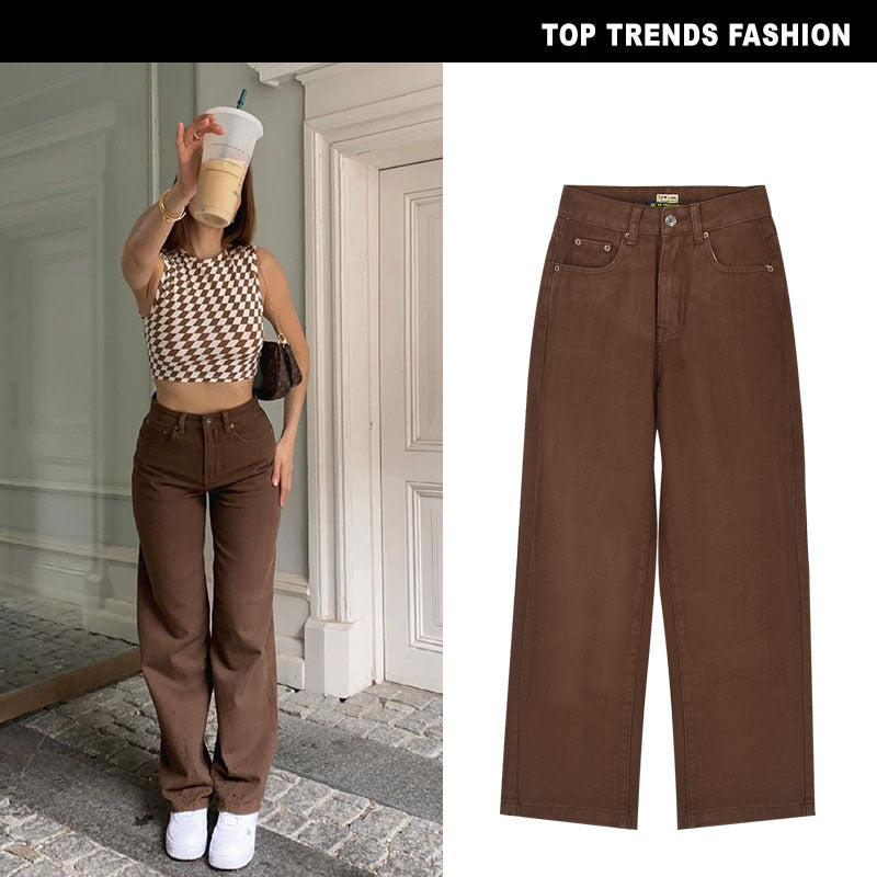 Women's High Waist Straight Loose Brown Denim Trousers Drape Chocolate Street Hot Girl Sneakers