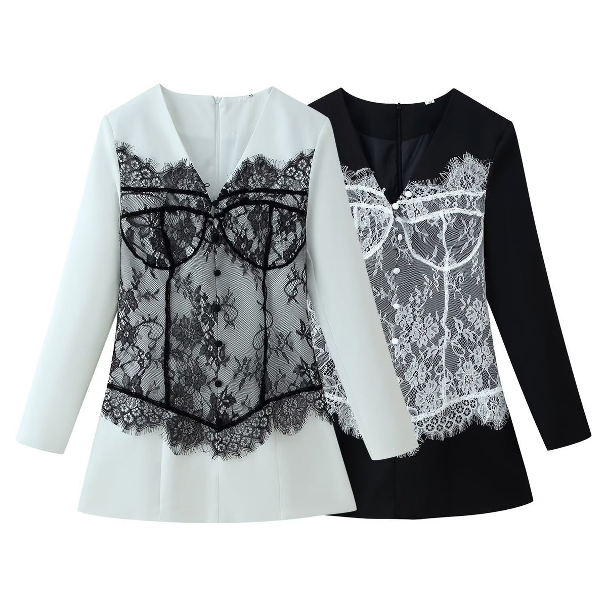 V-neck long sleeved patchwork contrasting lace dress