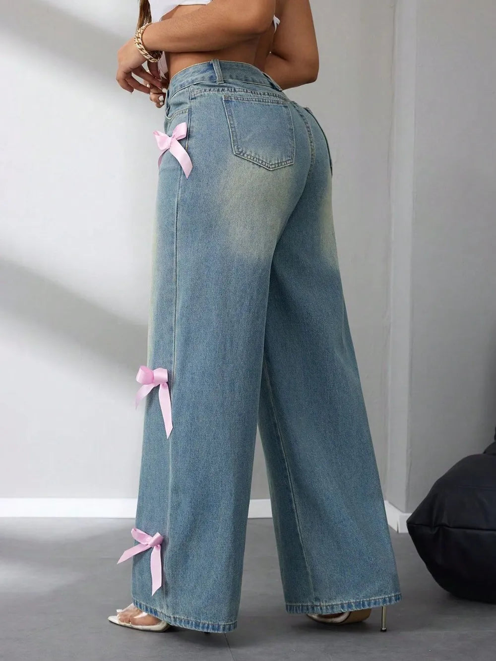 Vaquero Pierna Ancha Talle Alto Lazo Bolsillos Botones Denim Mujer