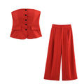 Conjunto Dos Piezas Top Sin Tirantes Hebilla Pantalón Amplio Plisado Poliéster Casual Mujer Rojo