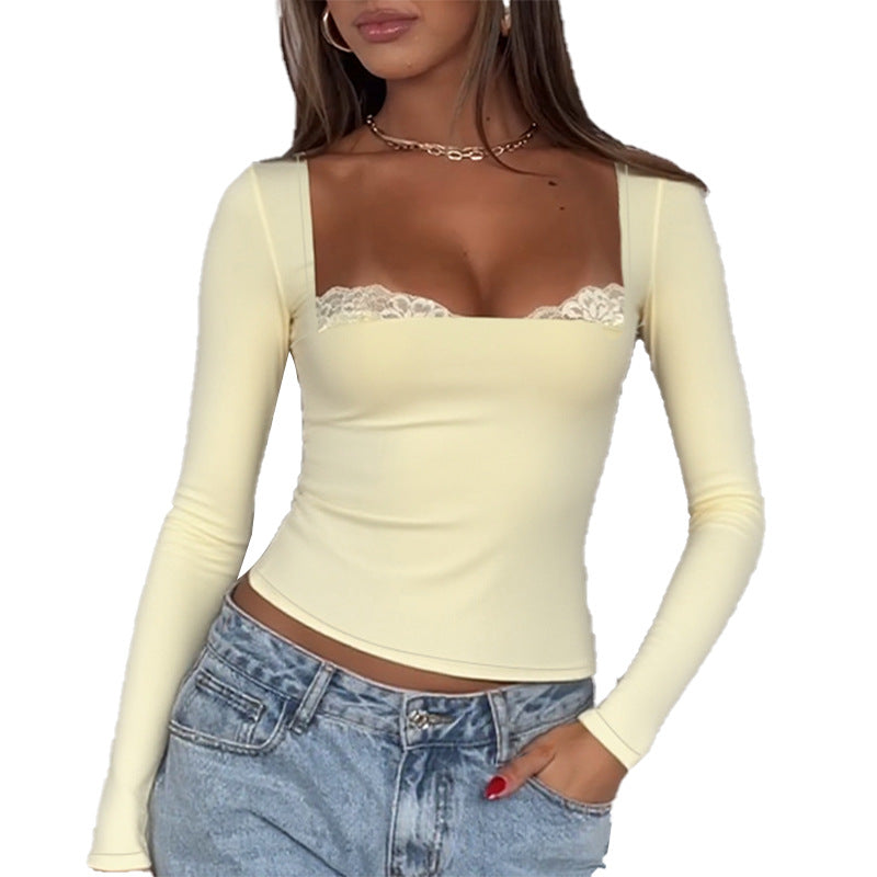 Lace patchwork slim fit long sleeved T-shirt for women
