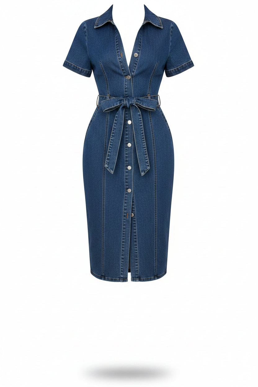Vestido Vaquero Midi con Botones y Lazo