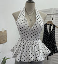 Backless neck tied polka dot top