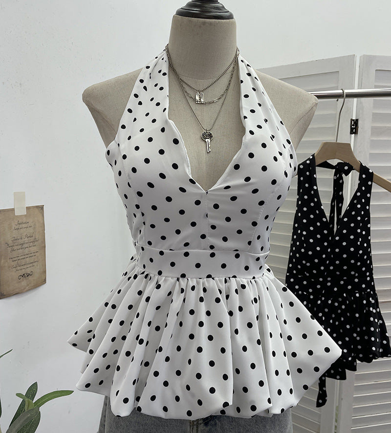 Backless neck tied polka dot top