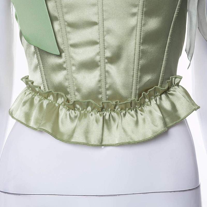Top Sin Mangas Cuello Cuadrado Cintura Efecto Espina Lazo Hombro Mujer