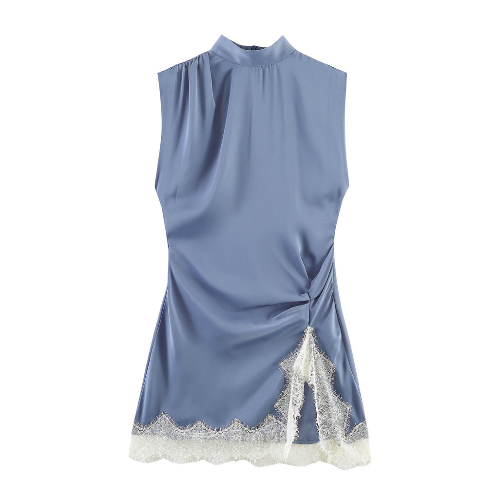 Blusa Azul Satinada con Encaje sin Mangas