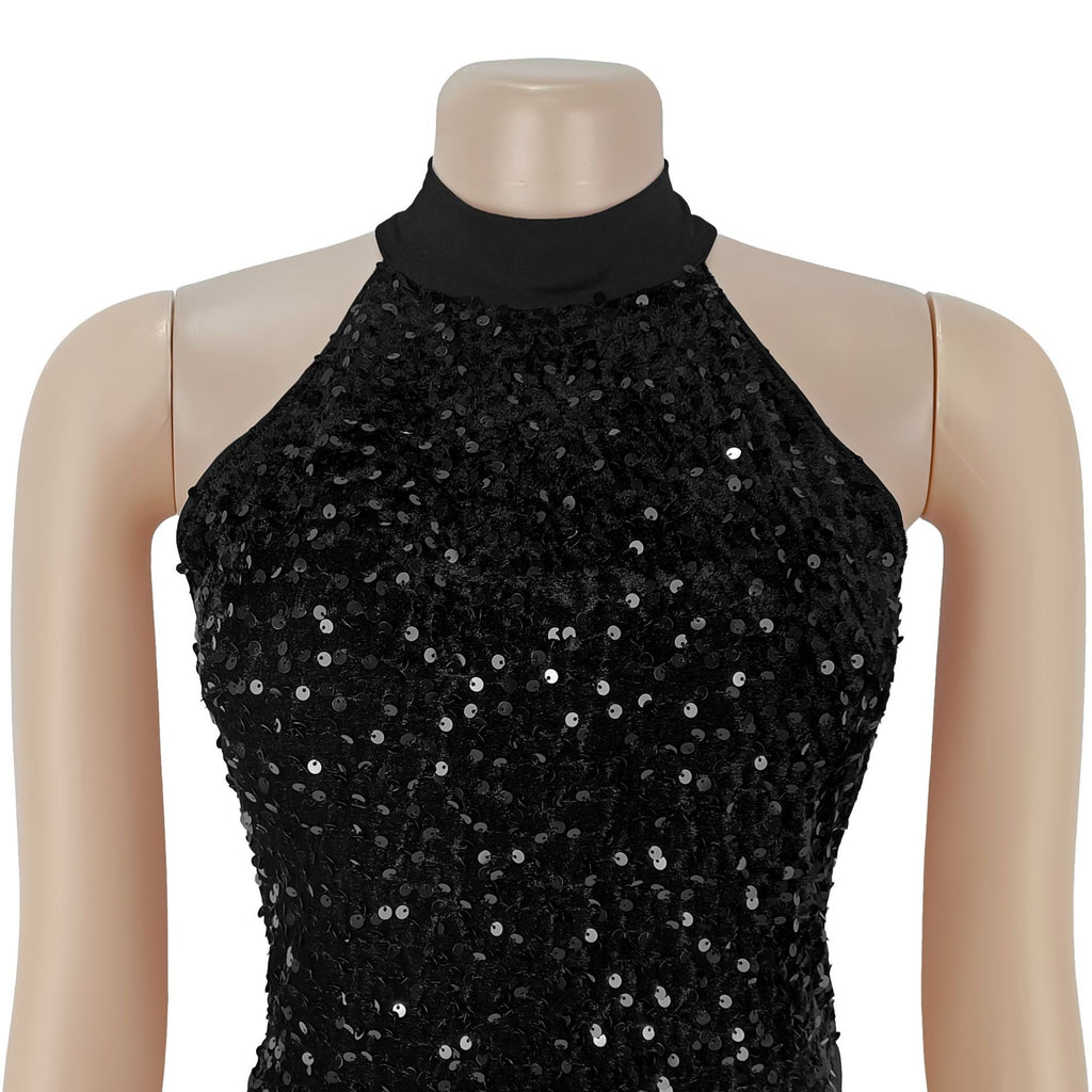 Vestido Largo Bodycon Sin Mangas Cuello Alto Pedrería Terciopelo Lentejuelas Abertura Elegante Mujer