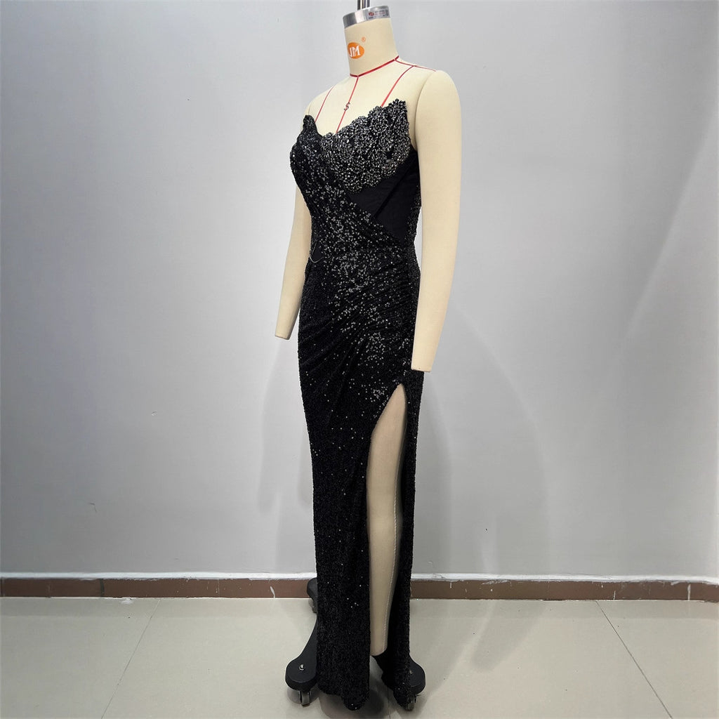 Vestido Largo Poliéster Sin Tirantes Halter Lentejuelas Escote V Sin Mangas Ajustado Elegante Fiesta Noche Mujer Negro