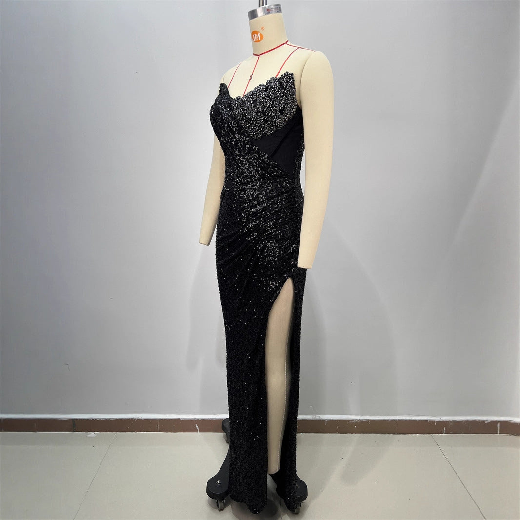 Vestido Largo Poliéster Sin Tirantes Halter Lentejuelas Escote V Sin Mangas Ajustado Elegante Fiesta Noche Mujer Negro