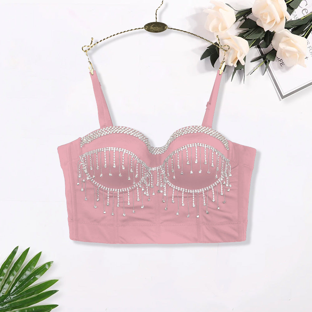 Sexy Spaghetti Strap Corset with Rhinestones and Tassels