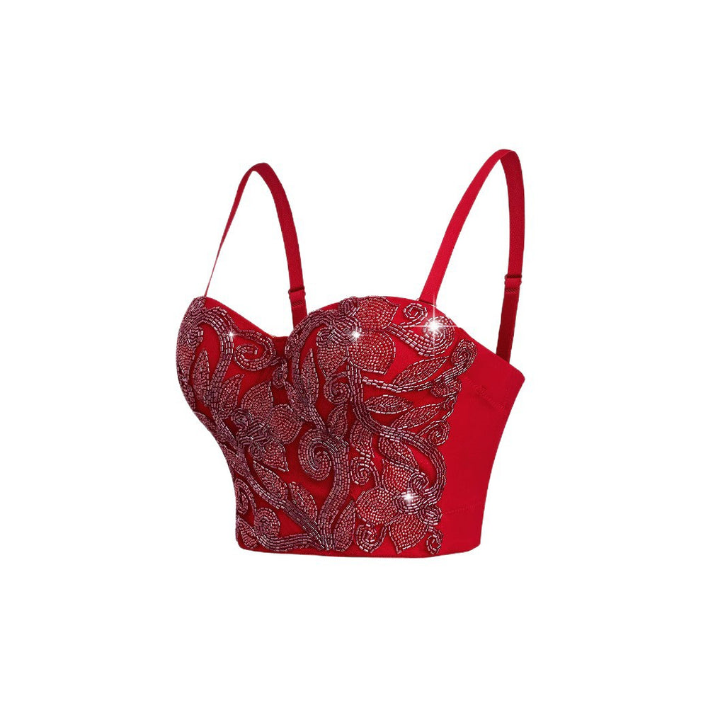 Top Strapless Lentejuelas Bordadas Varillas Sujeción Estilo Celebrity Mujer