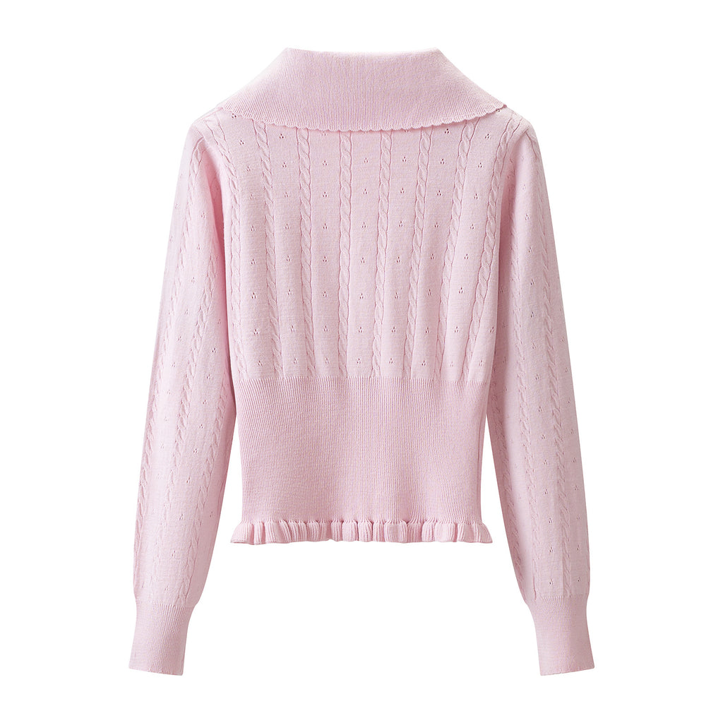 Conjunto Punto Elástico Dos Piezas Jersey Manga Larga Mini Falda Dulce Casual Otoño Invierno Mujer Rosa