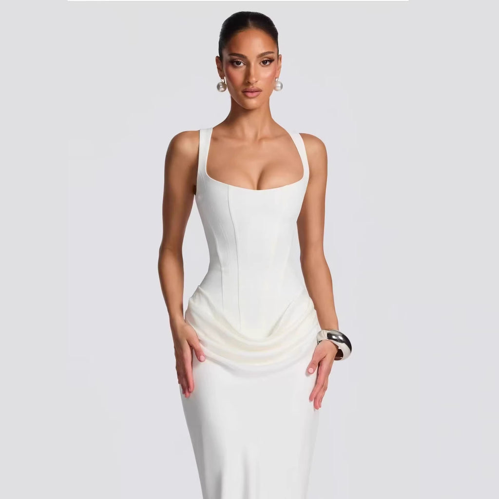 Vestido Largo Satén Sin Tirantes Ballenas Escote V Profundo Cruzado Ajustado Drapeado Elegante Noche Banquete Mujer Blanco Burdeos