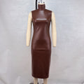 High neck sleeveless waist cinched PU leather skirt
