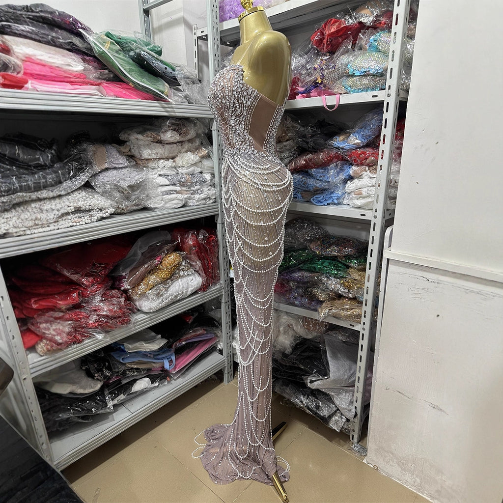 Vestido Largo Bodycon Sin Mangas Escote V Espalda Descubierta Cadenas Abalorios Elegante Noche Mujer