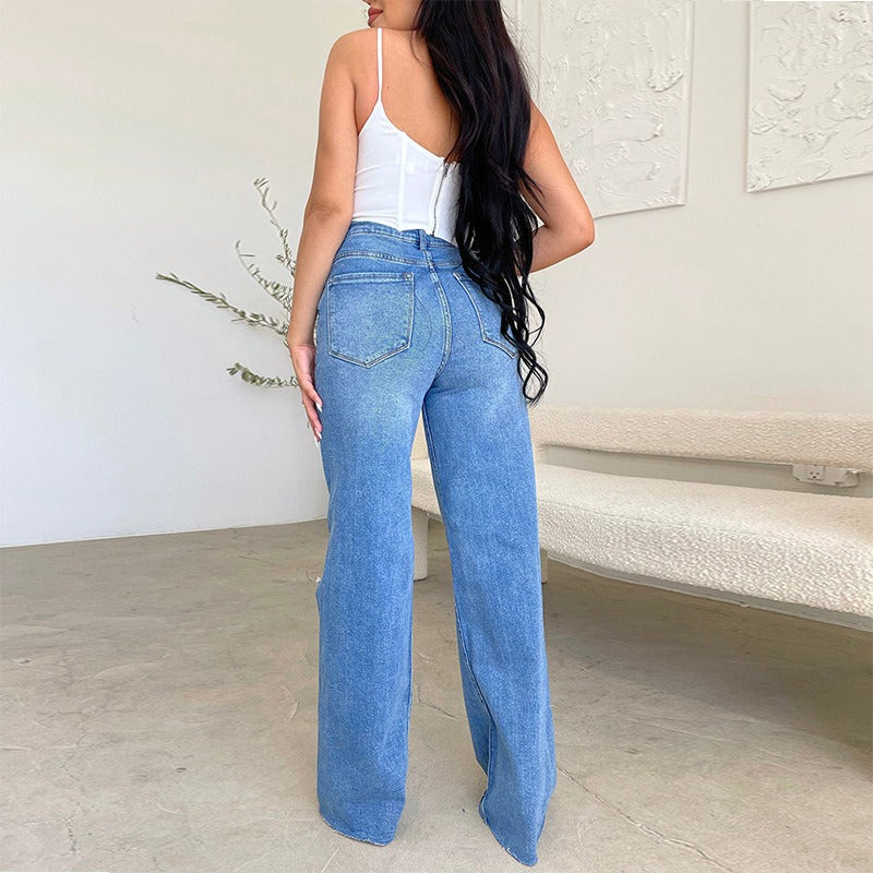 Vaqueros Rotos Pierna Ancha Cintura Alta Denim Vintage Casual Mujer
