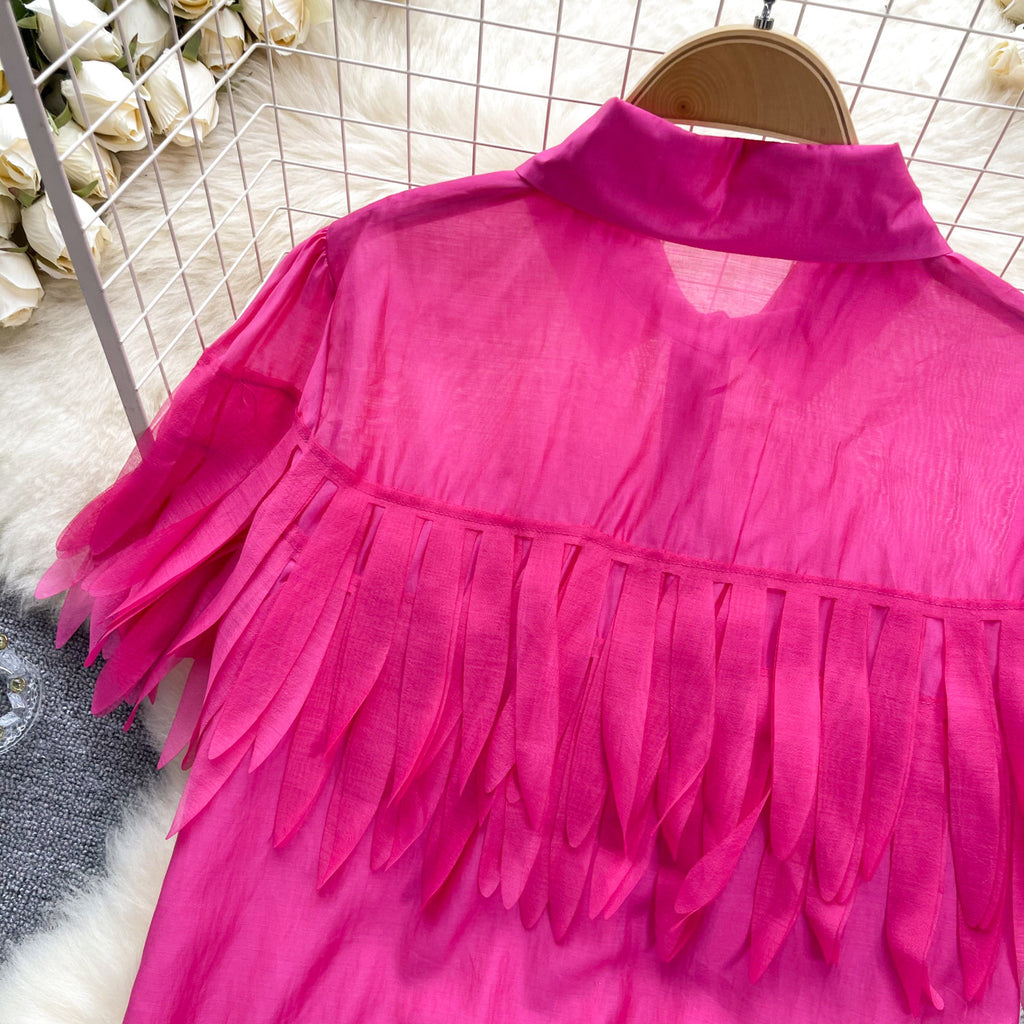 Top Sin Mangas Flecos Transparente Cuello Polo Holgado Mujer