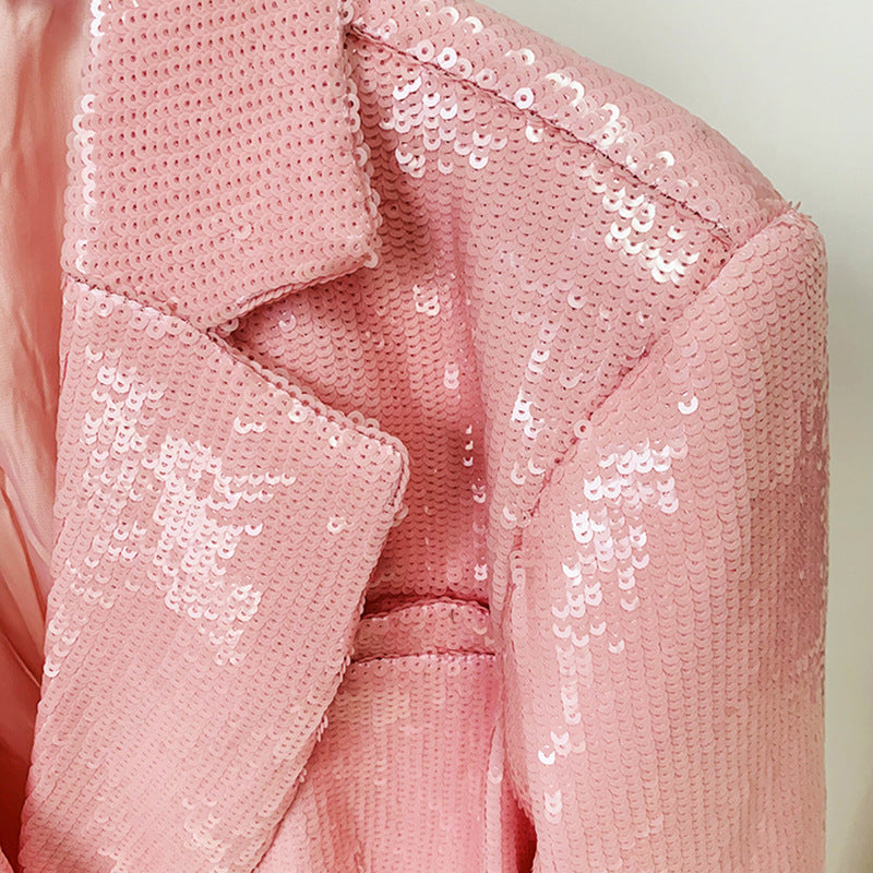 Blazer Doble Botonadura Lentejuelas Brillantes Manga Larga Oversized Fiesta Club Lujo Mujer Rosa