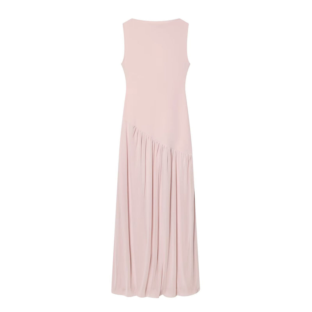 Vestido Largo Sin Mangas de Seda con Malla y Empalme Cuello Redondo Mujer