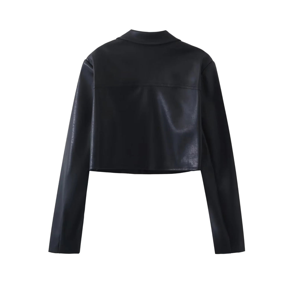 Conjunto Dos Piezas Blazer Cropped Cuero Sintético PU Mini Falda Botones Streetwear Chic Otoño Mujer