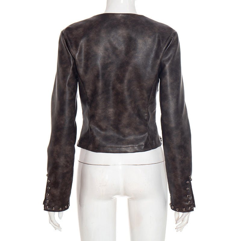 Chaqueta Crop PU Marrón Manga Larga Escote V con Cremallera