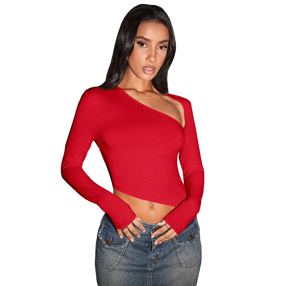 Women's sexy autumn and winter slanted neck short long sleeved top from Europe and America