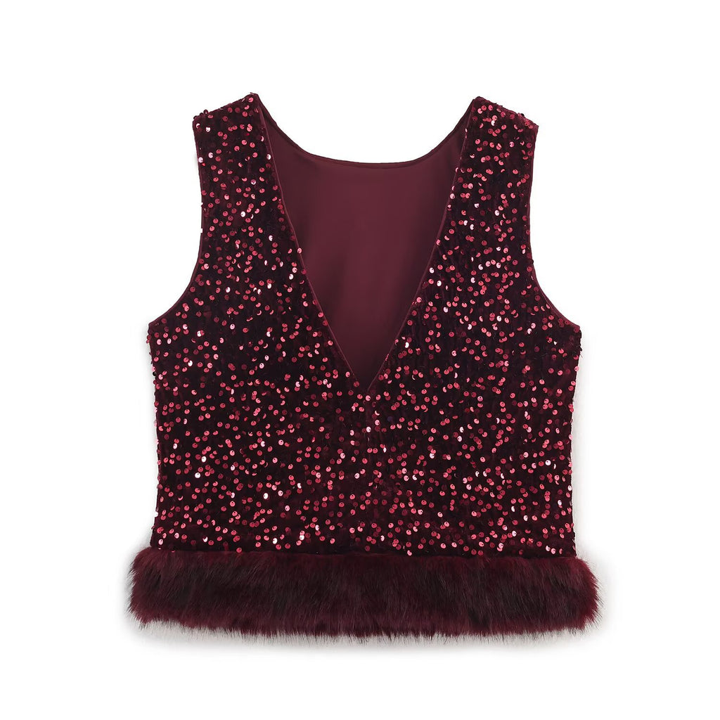 Conjunto Dos Piezas Top Sin Mangas Cuentas Bajo Pelo Sintético Pantalón Holgado Cuentas Glam Mujer Rojo