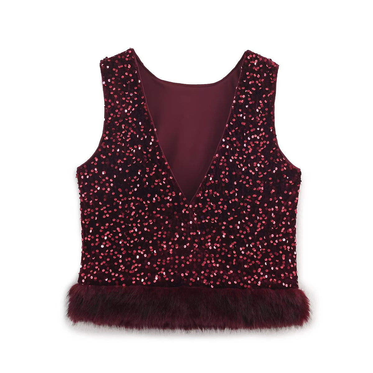 Conjunto Dos Piezas Top Sin Mangas Cuentas Bajo Pelo Sintético Pantalón Holgado Cuentas Glam Mujer Rojo