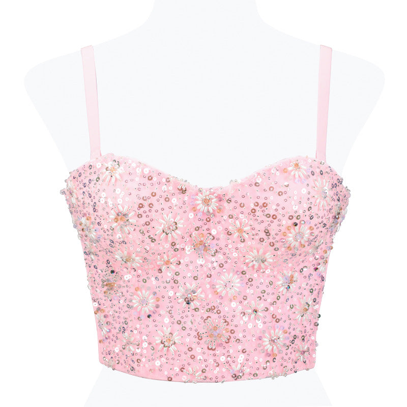 Women's Crop Top with Pink Sequins and Beads
