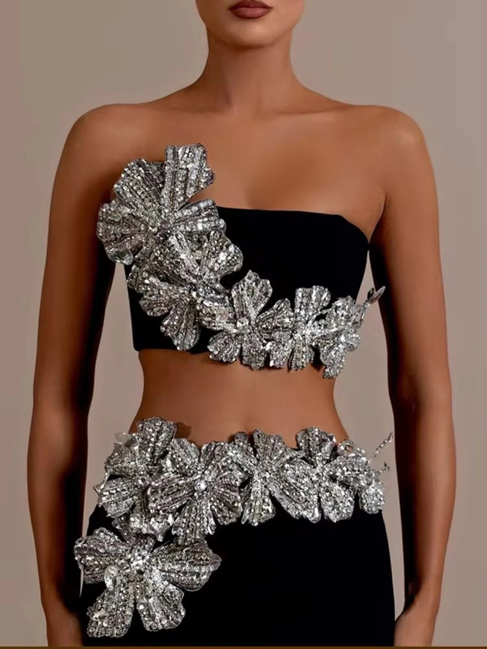 Top corto y falda larga con tirantes, flores, diamantes y cristales para mujer. Conjunto de dos piezas con vendaje. Vestido elegante para fiesta de noche.
