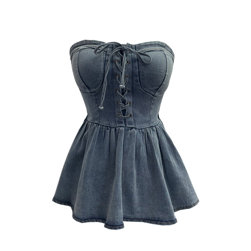 Strapless denim vest with rope tie and sleeveless top
