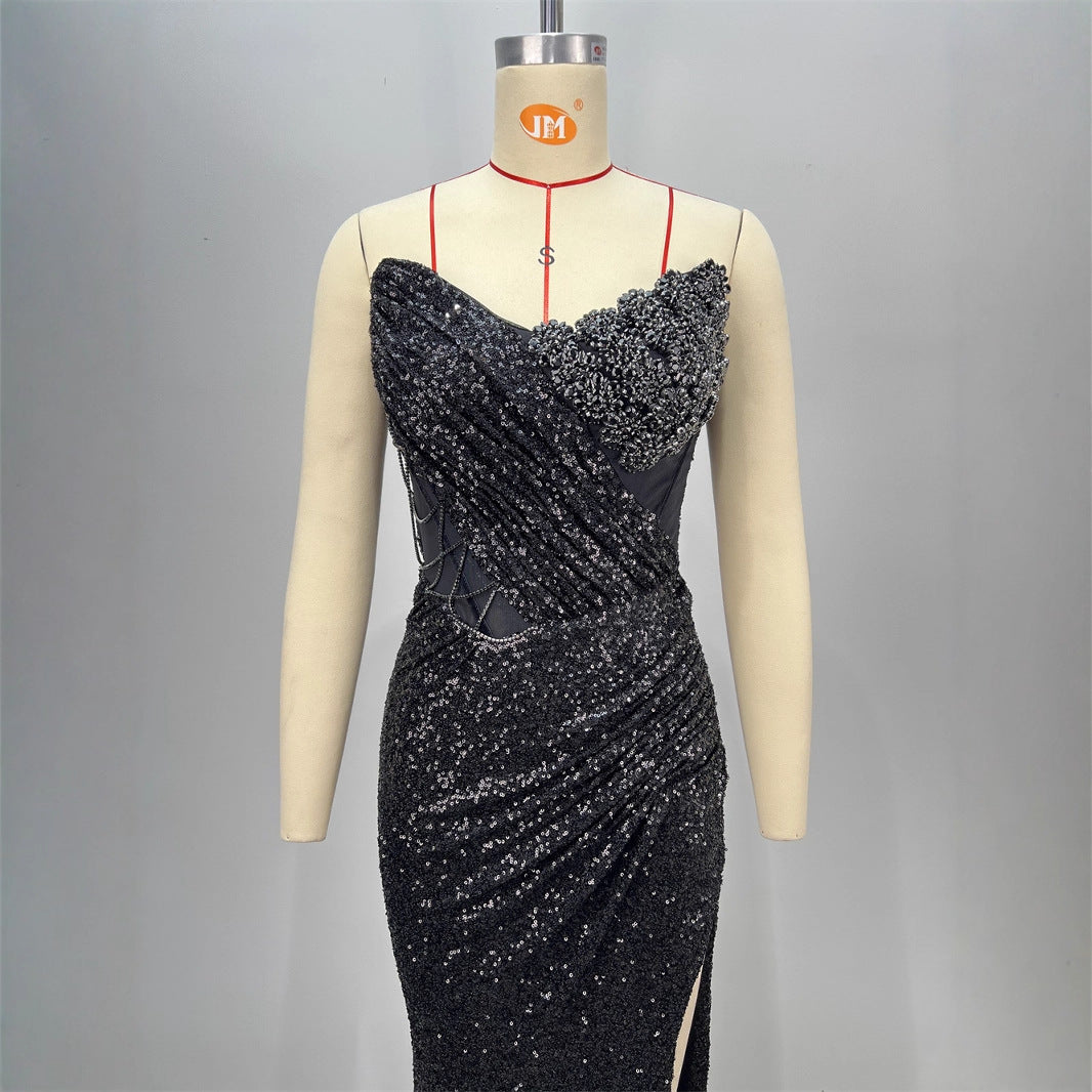 Vestido Largo Poliéster Sin Tirantes Halter Lentejuelas Escote V Sin Mangas Ajustado Elegante Fiesta Noche Mujer Negro