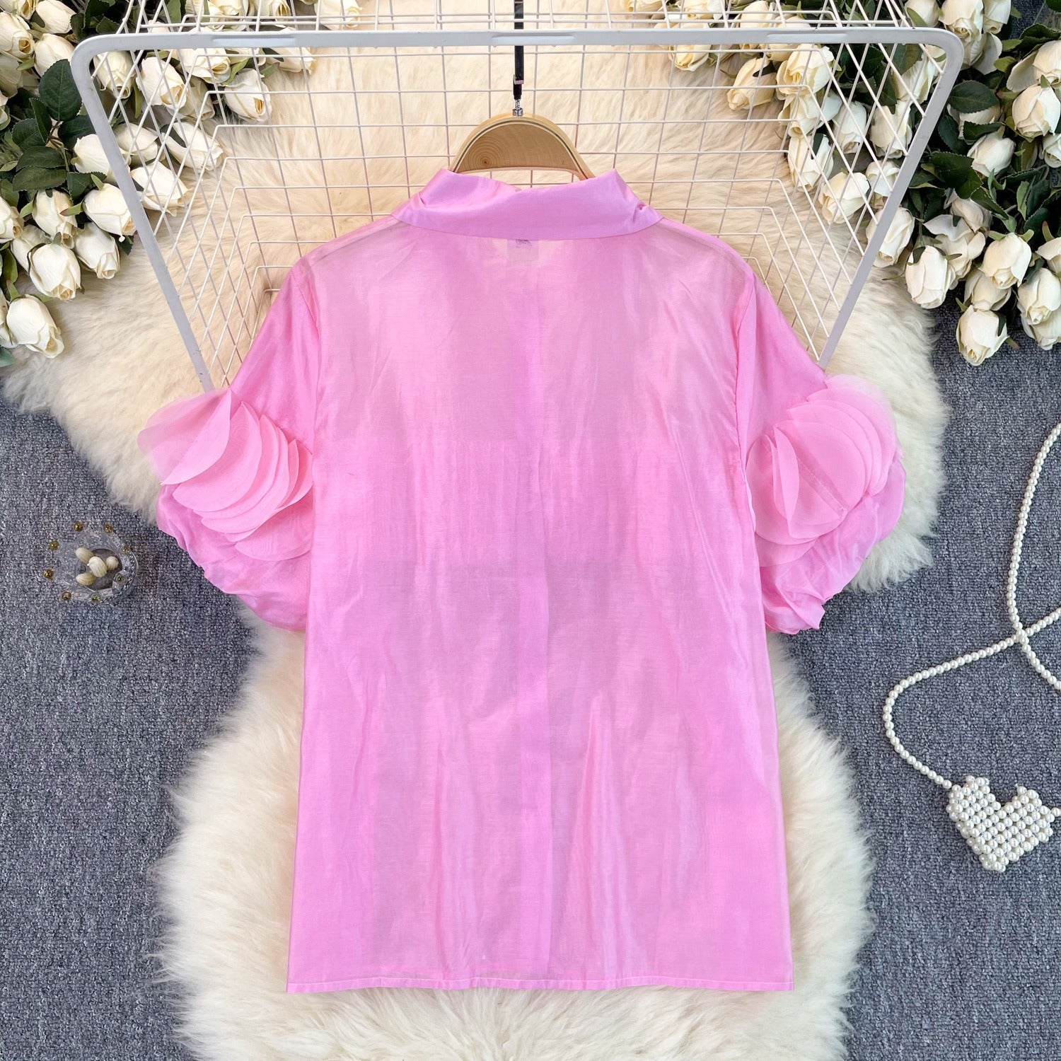 Camisa Gasa Pétalos Patchwork Manga Abullonada Transparente Mujer