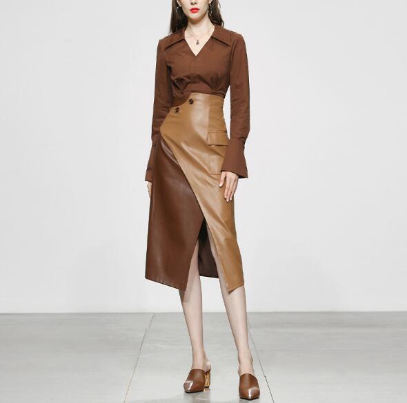 New Women's Fashion Temperament Two-Piece Brown Shirt Shirt PU Leather Skirt Long Skirt Skirt Suit
