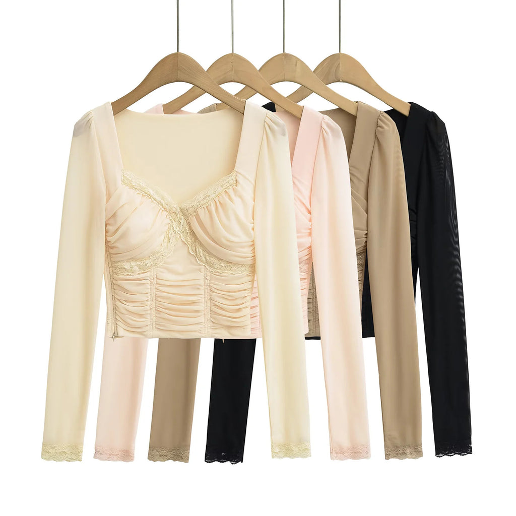 Lace patchwork V-neck long sleeved T-shirt with chest cushion