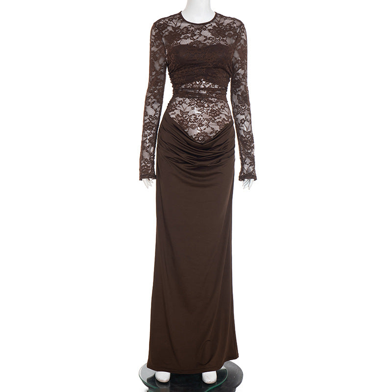 Solid Color Lace Long Sleeve Bodycon Patchwork Dress
