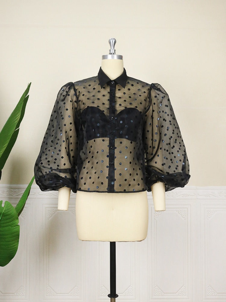 Camisa Organza Lunares Manga Abullonada Transparente Cuello V Mujer