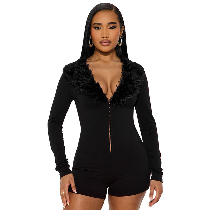 Mono Negro Gótico de Gata Pelo Sintético Manga Larga Slim Fit Street