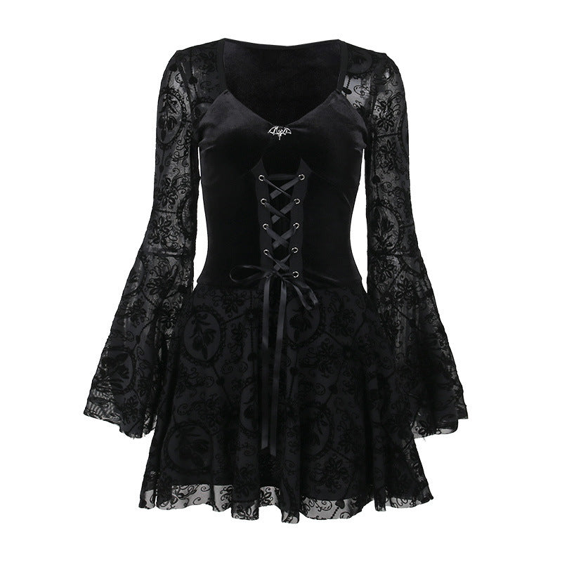 Vestido Largo Terciopelo Retro Glamour Gótico Manga Larga Ajustado Negro