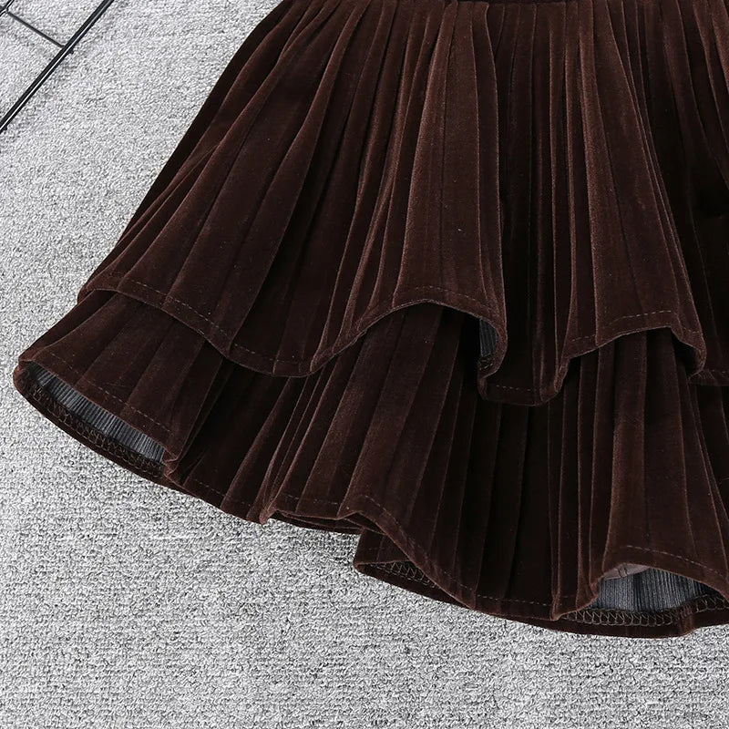 Velvet Tiered Mini Skirt  Low-Rise Ruffled Pleated Short Skirt in Brown Black Autumn Winter Vintage Outfit