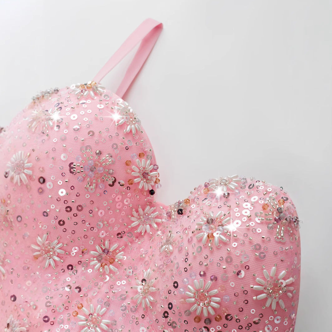 Women's Crop Top with Pink Sequins and Beads