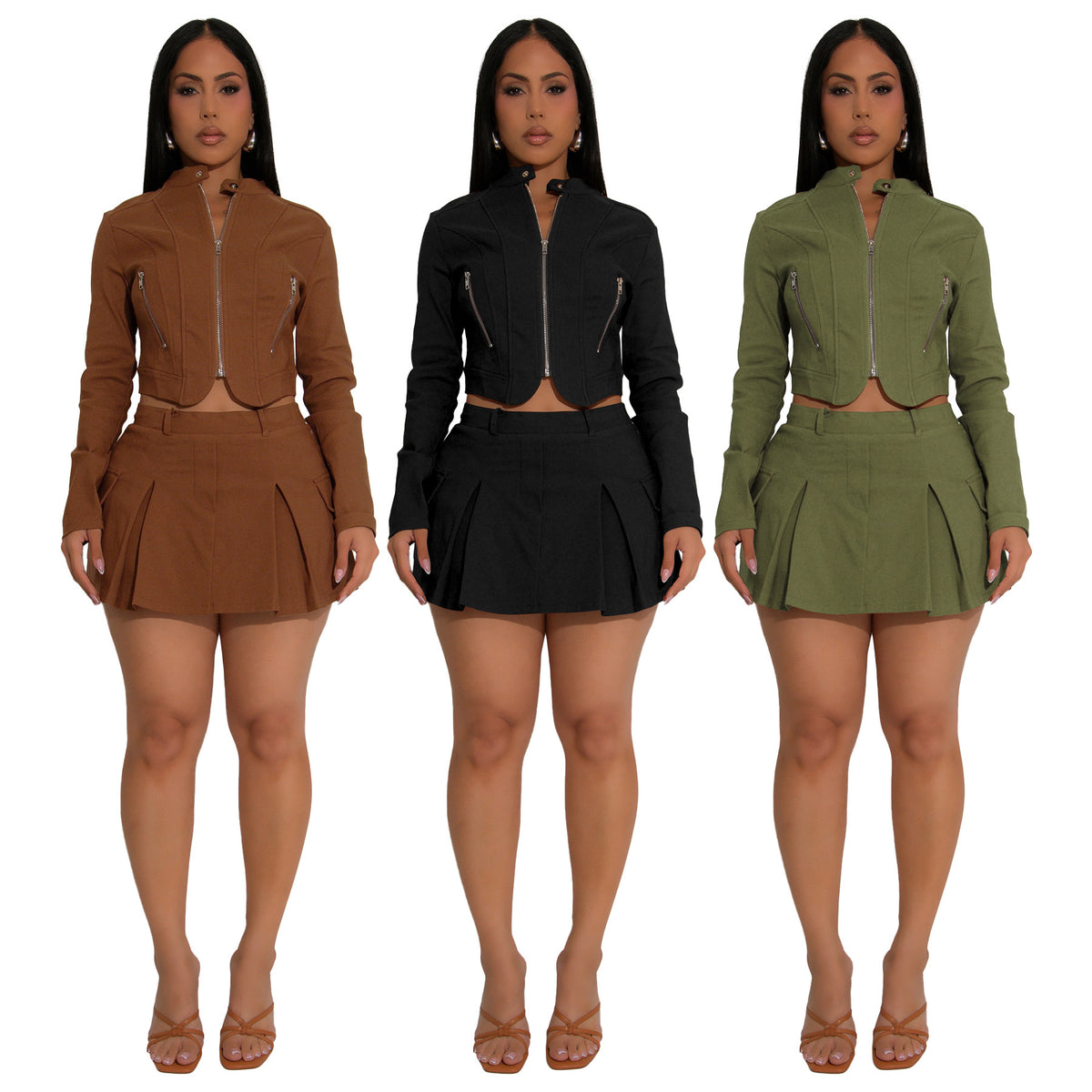 Conjunto Dos Piezas Top Manga Larga Cremallera Mini Falda Poliéster Sexy Casual Mujer