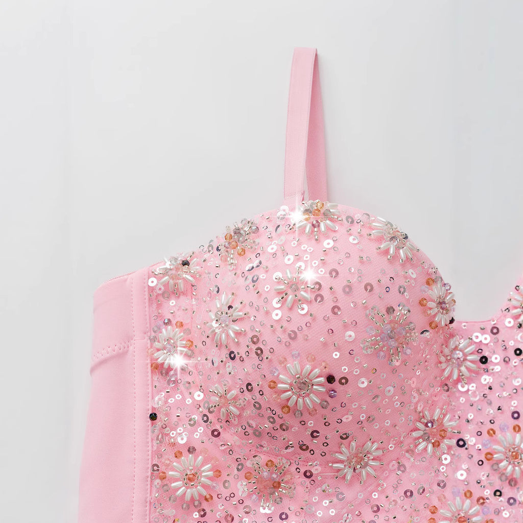 Women's Crop Top with Pink Sequins and Beads
